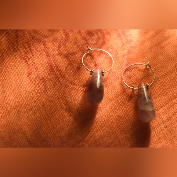 Handmade Amethyst Raindrop Hoop Earrings - All NATURAL Gemstones - Nickel Free - Picture 2 of 4